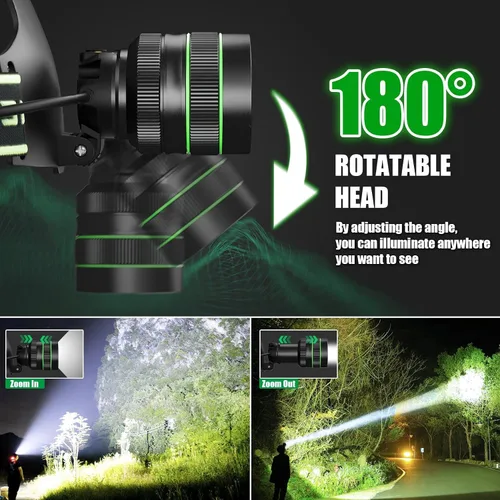 Vista 4 de Linterna recargable para cabeza, faro LED superbrillante con sensor de movimiento, linterna de cabeza con zoom de 5 modos, ajustable a 180°
