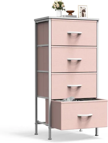 Vista 12 de Sweetcrispy Cómoda alta de tela para dormitorio, cómoda delgada de 6 cajones, torre de almacenamiento estrecha con parte superior de madera y marco