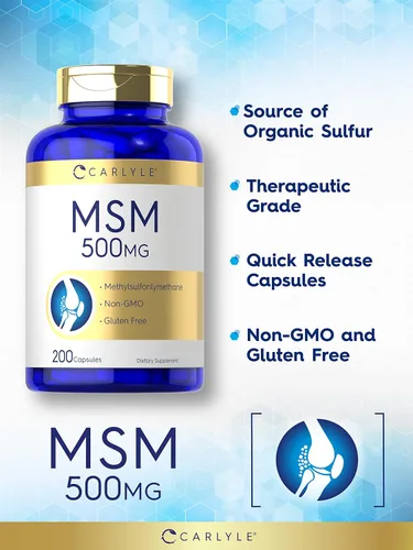 Vista 3 de Carlyle MSM Suplemento Cápsulas 500mg 200 unidades Fórmula sin OMG y sin gluten Metilsulfonilmetano