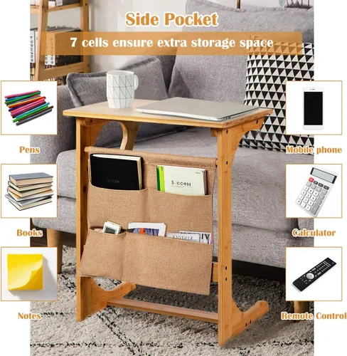 Vista 6 de Tangkula Bandeja de TV de bambú para sala de estar, mesa auxiliar de sofá, mesa auxiliar de aperitivos con bolsa de almacenamiento, mesa auxiliar