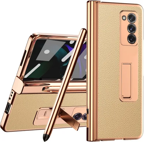 Vista 10 de Miimall Funda compatible con Samsung Galaxy Z Fold 2 con soporte para S Pen y S Pen + cubierta de pantalla + soporte + patrón de cuero chapado todo