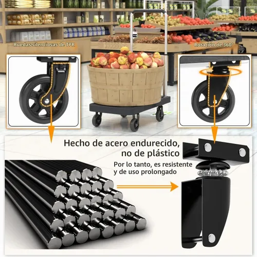 Vista 4 de Carro de empuje plegable para camión de plataforma, capacidad de peso de 330 libras, mango ajustable para carretilla de mano con ruedas giratorias