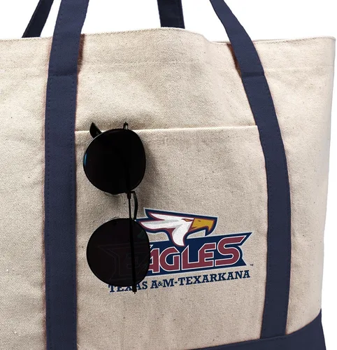 Vista 3 de Campus Lab Bolsa de lona con logotipo primario colegiado con bolsillo externo, bolsa de hombro reutilizable para ir de compras, playa Águilas A&m
