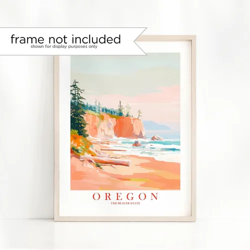 Vista 2 de ColorAndFlair Oregon Travel Print Coastal Ocean Pink Orange Wall Art Retro Poster Beaver State Souvenir Beach Painting (8x10 inches)