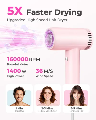 Vista 2 de Secador de pelo para mujer – Secador de pelo iónico de 160,000 RPM – Secador de pelo profesional de secado rápido de alta velocidad, juego de 9