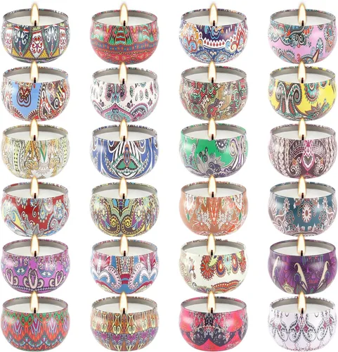Vista 9 de Set de regalos de velas perfumadas de 24 piezas, velas de Adviento de cera de soja en lata de viaje para el hogar, velas en frasco de 2.5 oz