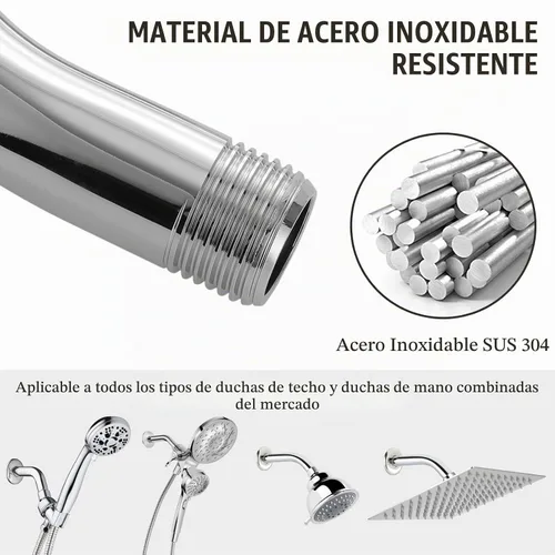 Vista 5 de Brazo de ducha Voolan con brida y cinta de teflón, brazo de extensión de cabezal de ducha para baño con ducha fija, acero inoxidable sólido, montado