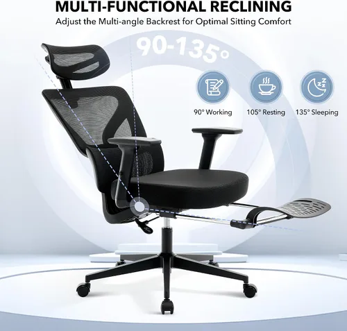 Vista 4 de Silla de oficina ergonómica - Silla de escritorio de malla para el hogar con soporte lumbar ajustable, silla de juegos de computadora con respaldo