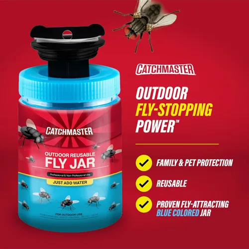 Vista 6 de Catchmaster - Trampa para moscas reutilizable para exteriores, 1 tarro azul colgante con cebo Catches All Species of Fly, Fly Traps Outdoor w