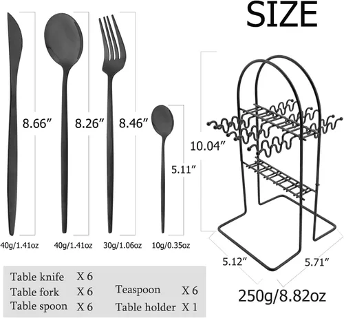 Vista 4 de Juego de cubiertos básicos de 24 piezas con un soporte para cubiertos, acero inoxidable 18/0 acabado espejo, cuchillo, tenedor, cucharilla, juego
