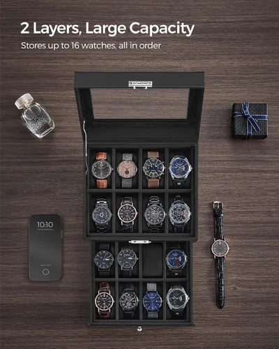 Vista 4 de SONGMICS Caja de reloj de 16 ranuras, caja de reloj con tapa de vidrio, 2 capas, vitrina de reloj con cerradura, cuero sintético negro, forro negro