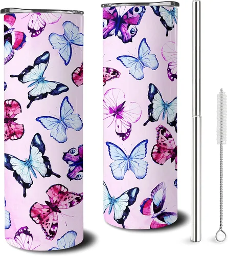 Vista 4 de Regalos de mariposa para mujer, decoración de mariposas, el mejor regalo de cumpleaños, 20 onzas con tapa y pajita, taza de viaje de acero