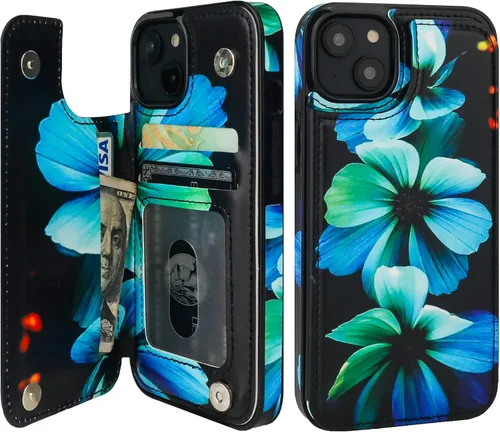 Vista 25 de HAOPINSH Funda tipo cartera con tarjetero para iPhone 14/13, diseño de Girasoles Bandera Americana