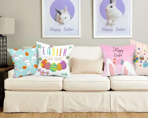 Vista 2 de Jbralid Juego de 4 fundas de almohada de Pascua con dibujos animados, huevos de conejo de Pascua, fundas decorativas de algodón para sala de estar