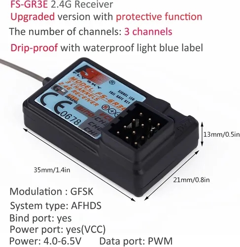 Vista 3 de Flysky Receptor FS-GR3E actualizado impermeable de largo alcance AFHDS 3CH 2.4G receptor para FS-i6X/FS-T6 / FS-i10 / TH9X /FS-GT2 /FS-GT2B /FS-GT3B