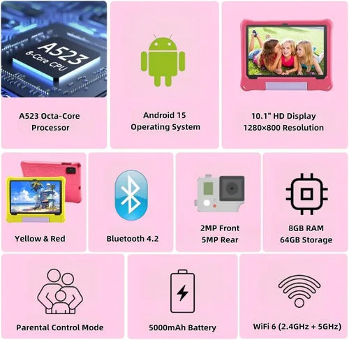 Vista 3 de Tablet para niños de 10 pulgadas, Android 15 Tablets para niños de 3 a 12 años, control parental, aplicaciones para niños precargadas, Octa-Core