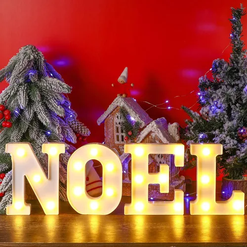 Vista 3 de Letrero con luz LED para decoración de mesa de Navidad, marquesina de Navidad, letrero iluminado con pilas, para decoración de mesa y pared, centro