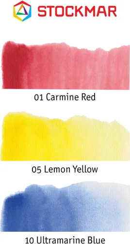 Vista 3 de Stockmar Juego de pintura de acuarela, incluye rojo carmín, amarillo limón, azul ultramarino, pintura lavable para niños, estudiantes y artistas