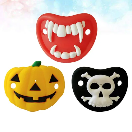 Vista 9 de Kisangel Chupetes divertidos con forma de calabaza, esqueleto, vampiros, colmillos, novedad, pezón, bebé, chupete para Halloween, recuerdos de fiesta