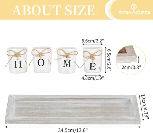 Vista 5 de Romadedi Portavelas Decorativo de Centro de Mesa Estilo Granja - Bandeja de Madera Rústica con 4 Portavelas de Vidrio para Velas de Té para Mesa