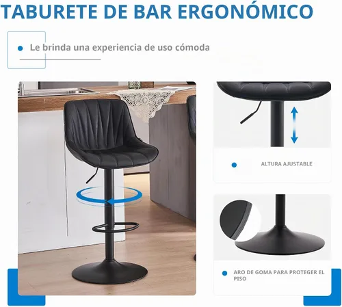Vista 10 de YOUNIKE Juego de 2 taburetes de bar para isla de cocina, taburetes de bar altos giratorios negros, taburetes de bar ajustables con respaldo