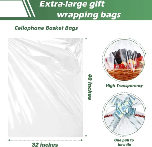 Vista 2 de 30 paquetes de bolsas de celofán de 32 x 40 pulgadas para cesta, bolsas de celofán transparentes extragrandes gigantes, bolsas de celofán
