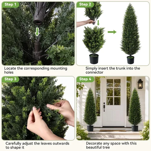 Vista 4 de Árboles de ciprés artificiales de 5 pies, 2 árboles de cedro sintético resistentes a los rayos UV para macetas al aire libre, arbustos de cedro