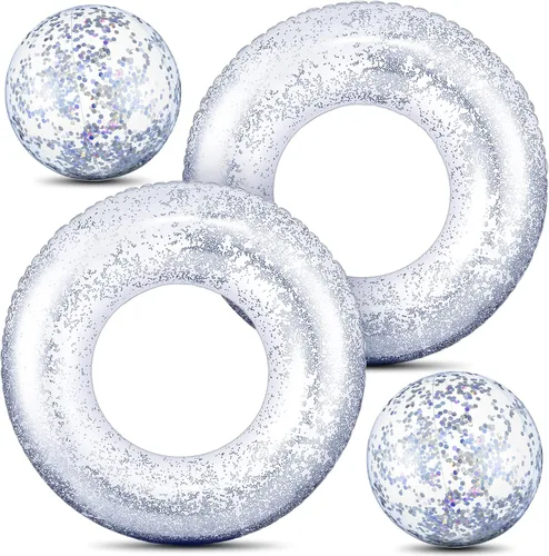 Vista 7 de Hungdao 4 piezas de flotadores inflables con purpurina para piscina, tubo de confeti y bola de playa con purpurina, pelota de playa inflable