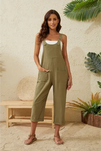 Vista 3 de Mannjin Overol casual de lino de algodón para mujer, con tirantes de botón, sin mangas, con bolsillo (0053-verde militar-L), Verde militar