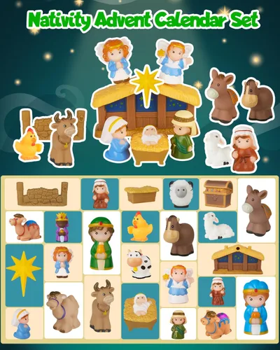 Vista 4 de Calendario de Adviento de Natividad 2025 para Niños, Juego de Natividad de Historia de Navidad Calendario de Adviento Cristiano para Niños Pequeños