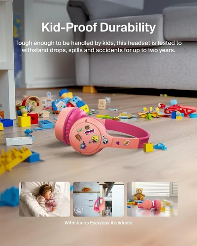 Vista 4 de Belkin SoundForm Mini con estuche - Auriculares inalámbricos Bluetooth para niños con vida útil de batería de 30H, límite de volumen seguro de 85dB