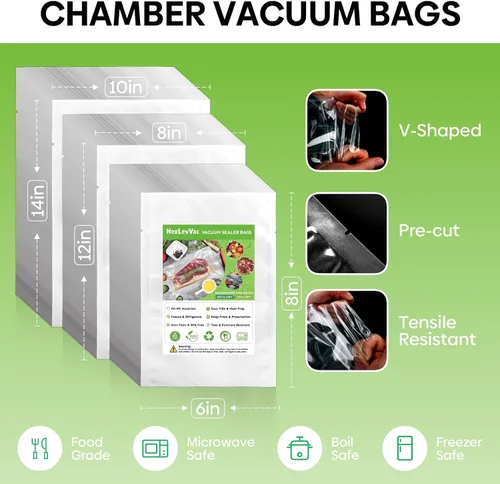 Vista 2 de Bolsas selladoras al vacío de cámara, 300 unidades de 6 x 8 pulgadas y 8 x 12 pulgadas y 10 x 14 pulgadas, bolsas de cámara de vacío precortadas