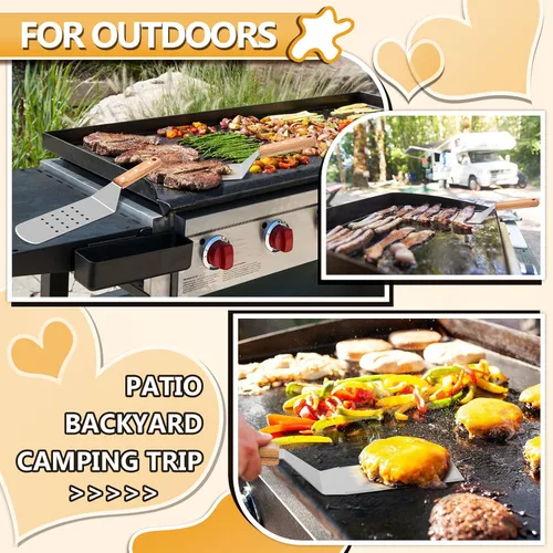 Vista 4 de HaSteeL - Juego de 4 espátulas de metal de acero inoxidable con mango remachado de madera, kit de accesorios de parrilla profesional para teppanyaki