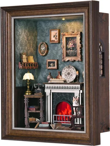 Vista 14 de Kit de rincón de libros, rompecabezas de madera 3D con control de interruptor LED y marco para montar en pared, casa en miniatura