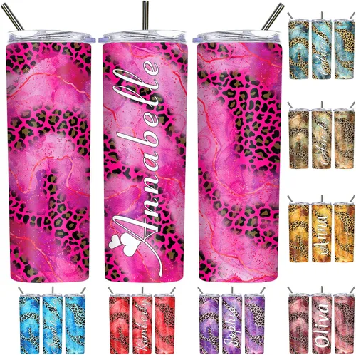 Vista 21 de Vasos personalizados con estampado de leopardo con tapas y pajitas, vasos delgados personalizados de 20 onzas con nombres para mujeres y hombres