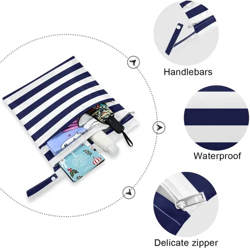 Vista 4 de Kigai Paquete de 2 bolsas para ropa húmeda y seca a rayas azul marino, impermeable, reutilizable, con bolsillo con cremallera para viajes, playa
