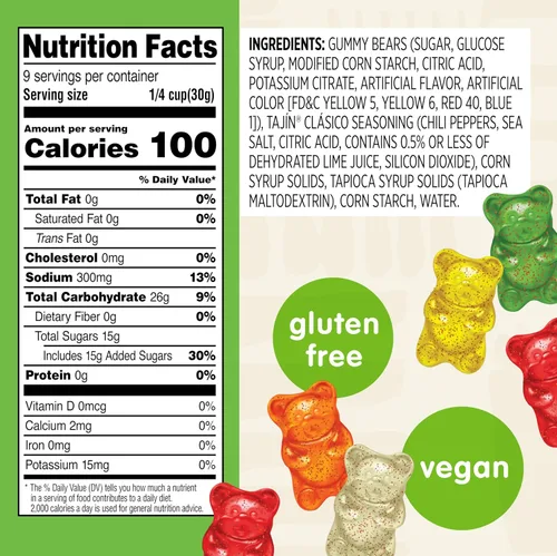 Vista 2 de Snak Club Tajin Ositos Gomosos, Gomitas de Dulce de Frutas Surtidas con Condimento de Chile y Lima, Suaves, Aperitivos Sin Gluten y Veganos, Bolsa