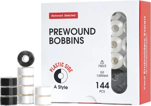 Vista 9 de Poolin Bobinas preenrolladas Richword Selected 25 unidades, blanco + negro, tamaño A, lado de plástico, hilo de poliéster 70D/2 (60WT) para máquina
