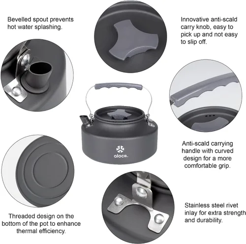 Vista 3 de Alocs Pava de 0,8 L, tetera portátil para acampar, cafetera de camping, pava de aluminio con anodizado duro, pava compacta para estufa