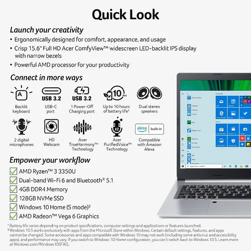 Vista 6 de Portátil Acer Aspire 5 Slim A515-46-R14K, pantalla IPS Full HD de 15.6 pulgadas, procesador portátil de doble núcleo AMD Ryzen 3 3350U, memoria DDR4