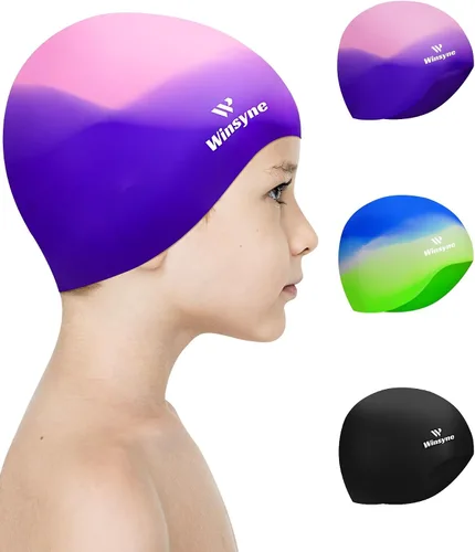 Vista 8 de 3 Pack Kids Swim Cap for Boys Girls, Unisex Silicone Swimming Caps for 3-15 Toddler Children Teen, Waterproof Bathing Caps for Short/Long Hair to