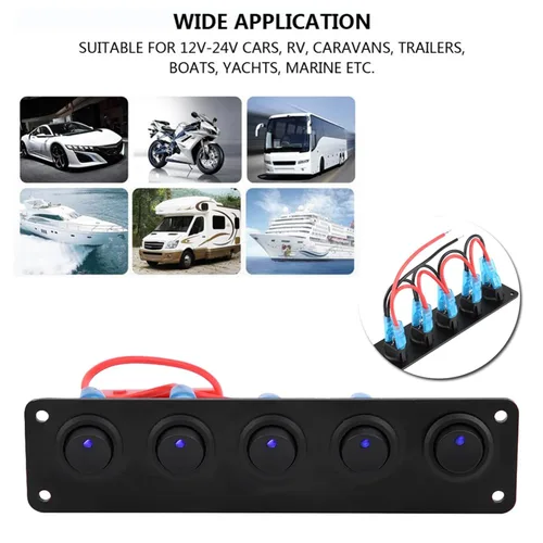 Vista 2 de Panel de interruptores basculantes de 5 bandas, 12 V-24 V, panel de interruptores de palanca de encendido y apagado con precableado para automóvil