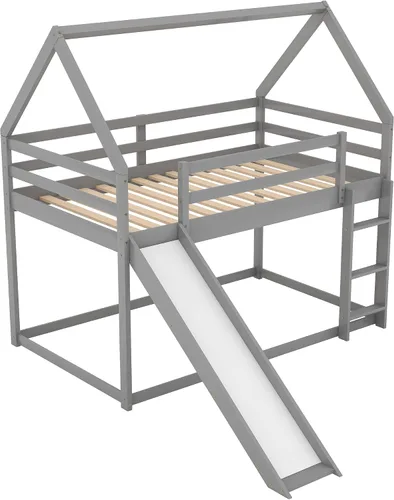 Vista 6 de Harper & Bright Designs - Litera de casa tamaño individual para niños con tobogán, marco de cama individual sobre individual, litera de madera