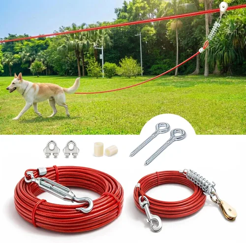Vista 9 de Sistema de carro aéreo resistente para perros pequeños a grandes, cable de funcionamiento de 100 pies/75 pies con cable de pasillo de 10 pies, ideal