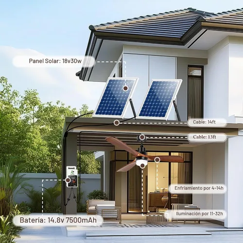 Vista 3 de Ventilador de techo solar para cenador de 42 pulgadas con batería y termostato inteligente