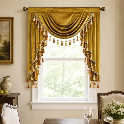 Vista 2 de VOGOL Cenefa de cortinas de terciopelo grueso para dormitorio, cenefas de cascada de lujo con aislamiento térmico dorado para sala de estar formal