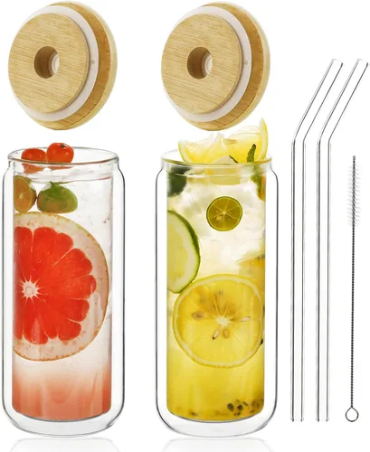 Vista 10 de LIBWYS Vaso de vidrio de doble pared de 12 onzas con tapa de bambú y pajita, juego de 1 pieza, resistente a la condensación, vaso de vidrio aislado