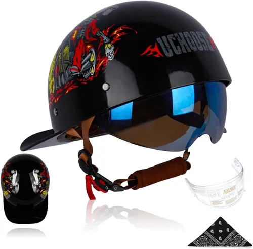 Vista 17 de Gorra de béisbol para motocicleta, 3 unidades, aprobado por DOT, estilo vintage, cara abierta, unisex, para adultos, medios cascos de doble lente