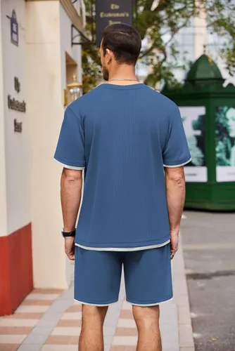 Vista 28 de COOFANDY Conjunto de camisa y pantalones cortos de gofre para hombre, conjunto de 2 piezas, conjunto casual de verano con bolsillos