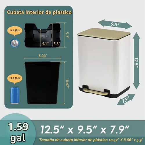 Vista 6 de SunnyPoint Cubo de basura pequeño de 6 litros (1.58 galones) con cubos interiores de plástico; baño rectangular, oficina, cocina y dormitorio, paso